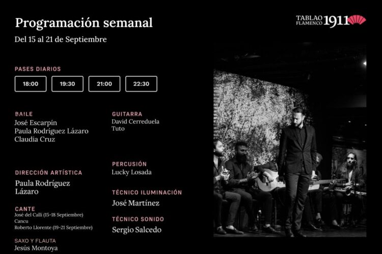Programacion artística del 15 al 21 de Septiembre en Tablao Flamenco 1911