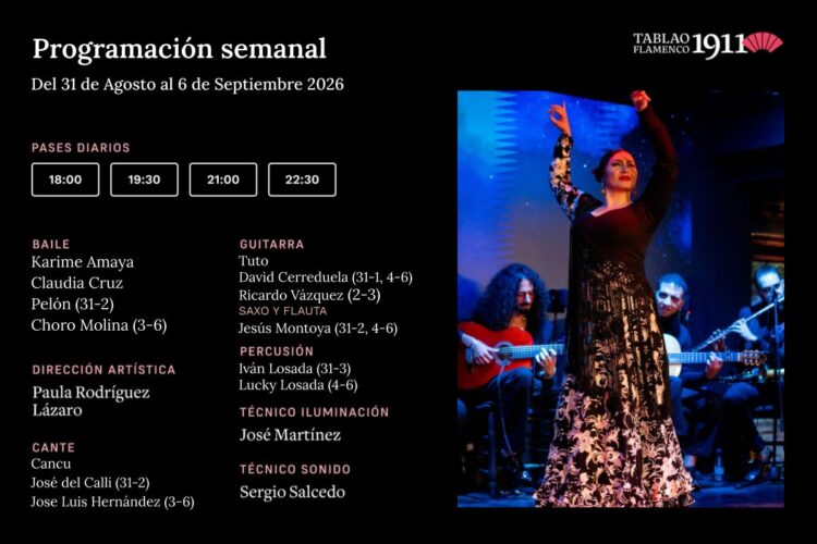 Programación Artística Semanal 31 Agosto - 6 Septiembre Tablao Flamenco 1911
