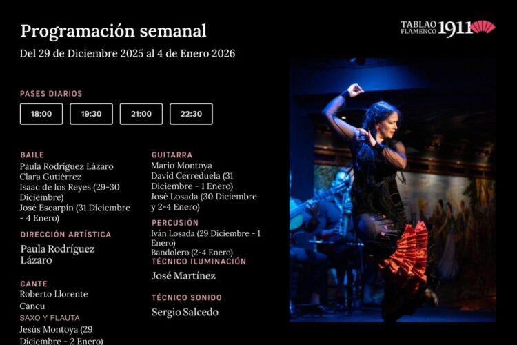 Programación semanal Tablao Flamenco 1911 29 Diciembre 2025 - 4 Enero 2026