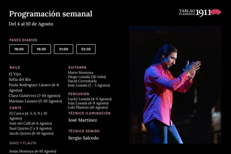 Tablao Flamenco 1911. Programación artística semanal 4 -10 Agosto