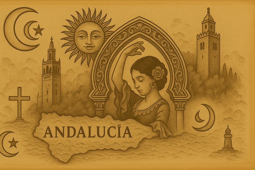 Andalucía, cuna del flamenco y crisol de culturas gitana, andalusí y popular.
