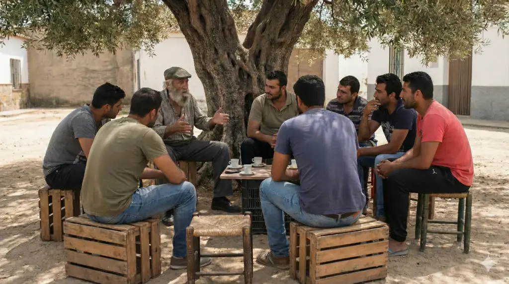Grupo de hombres gitanos escuchando a un patriarca bajo un árbol, símbolo de respeto y mediación en la cultura gitana.