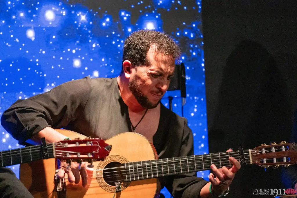 Fotografía del tocaor Ricardo Vázquez tocando la guitarra flamenca en el escenario del Tablao Flamenco 1911. Viste camisa oscura y mira fijamente el mástil de su guitarra con gran concentración, con un fondo de luces azules que simulan un cielo estrellado.